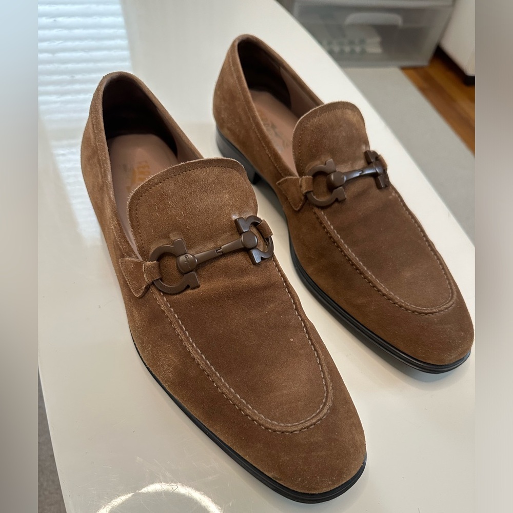 Tan suede Ferragamo loafers